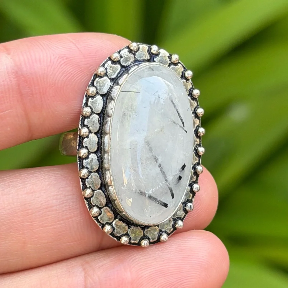 SIZE 7.25 925 silver plated black rutile quartz‎ ring 0376